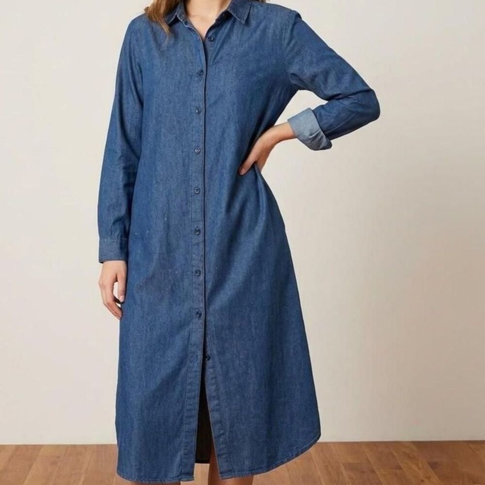 Iky & Me Vtg Blue Denim Long Sleeve Midi Shirt Dress Large casual minimalist